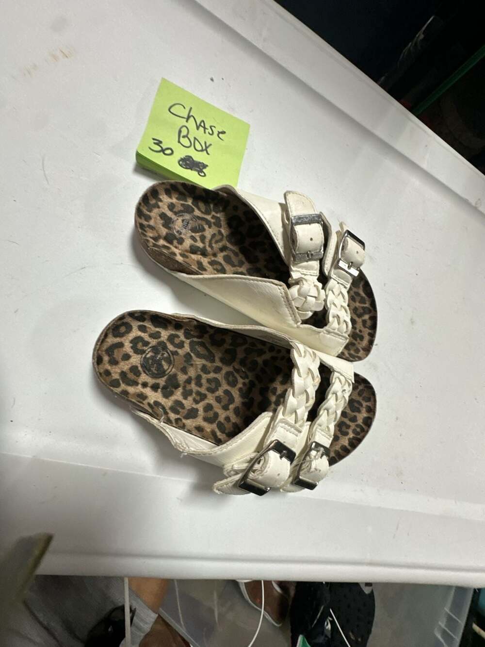 Wonder Nation Girls White Braided Footbed Sandals with Leopard Print